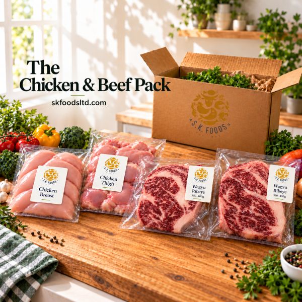 SK Foods Chicken & Beef Family Pack featuring 2.5kg chicken breast, 2.5kg chicken thighs and two Wagyu beef ribeye steaks