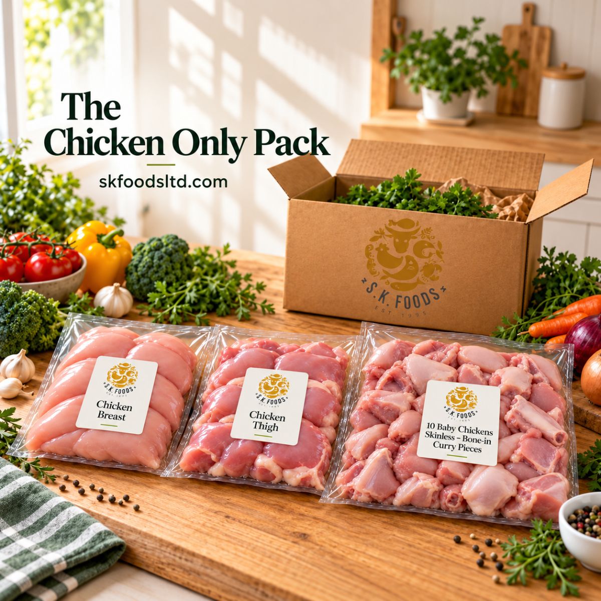 SK Foods Chicken Only Family Pack featuring chicken breast, chicken thighs and 10 skinless baby chickens cut into curry pieces.