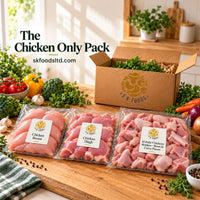 SK Foods Chicken Only Family Pack featuring chicken breast, chicken thighs and 10 skinless baby chickens cut into curry pieces.