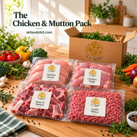 SK Foods Chicken & Mutton Family Pack featuring 2.5kg chicken breast, 2.5kg chicken thighs, 2kg bone-in mutton and 1kg lamb mince.