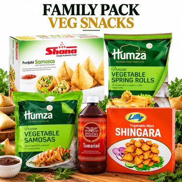 Vegetarian snacks family pack with vegetable samosas, vegetable spring rolls, Punjabi samosas, mini shingara bites and tamarind sauce.