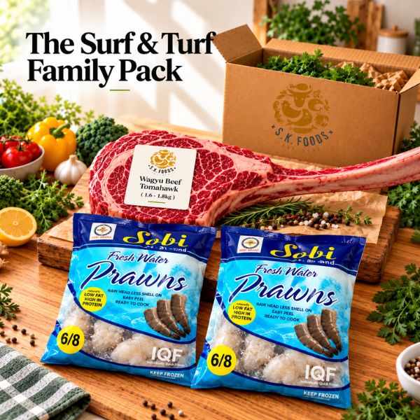 SK Foods Surf & Turf Family Pack featuring a 1.6–1.8kg Wagyu Tomahawk steak and two packs of frozen Sobi IQF prawns.
