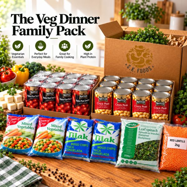 Vegetarian Family Meal Pack featuring paneer, chickpeas, frozen spinach, mixed vegetables, mogo chips, plum tomatoes and lentils