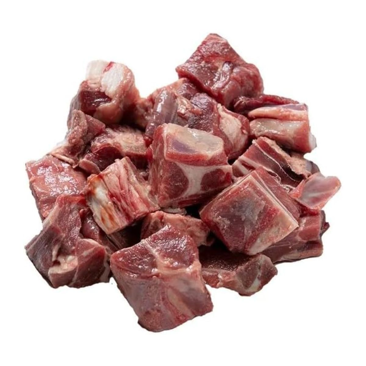 A pile of raw, cubed meat pieces with visible bone