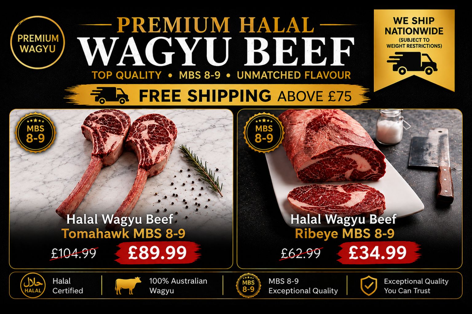 Premium halal Australian Wagyu beef MBS 8–9 featuring Tomahawk and Ribeye steaks, with special prices