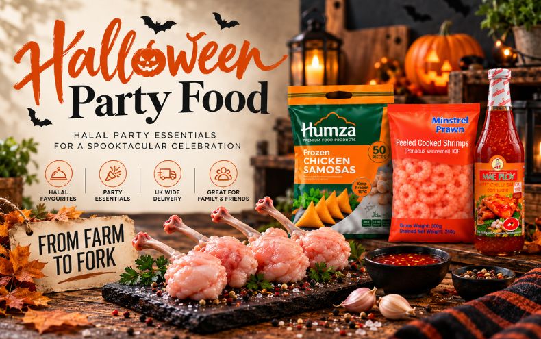 SK Foods Halloween party food banner featuring chicken lollipops, Humza chicken samosas, peeled cooked shrimp and Mae Ploy sweet chilli sauce, with halal party essentials and UK-wide delivery messaging