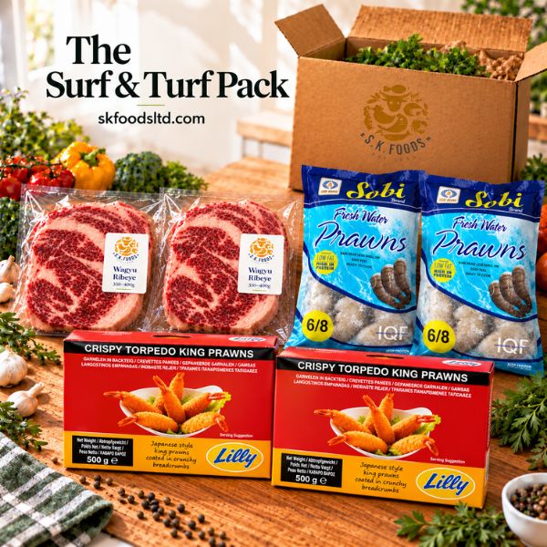 SK Foods Surf & Turf Family Pack featuring two Wagyu beef ribeye steaks, two packs of frozen Sobi IQF prawns and two packs of frozen torpedo prawns