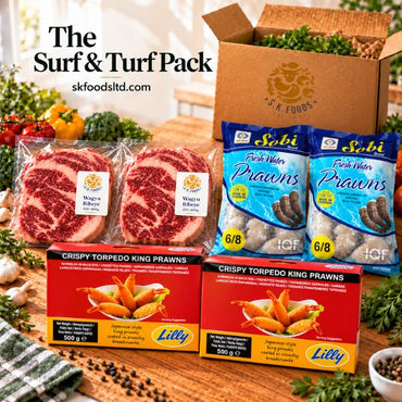 SK Foods Surf & Turf Family Pack featuring two Wagyu beef ribeye steaks, two packs of frozen Sobi IQF prawns and two packs of frozen torpedo prawns