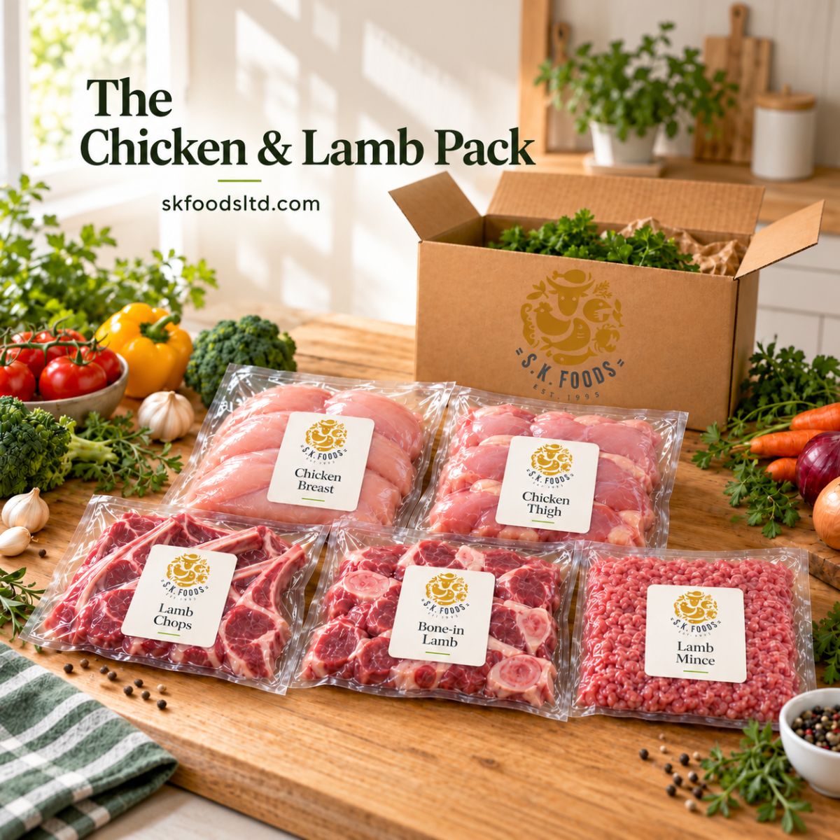 SK Foods Chicken and Lamb Family Pack featuring 2.5kg chicken breast, 2.5kg chicken thighs, 1kg lamb chops, 2kg bone-in lamb and 1kg lamb mince